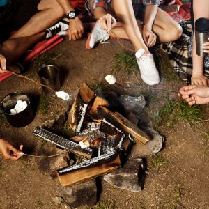 Friends sitting near bonfire, speaking, smiling, resting, playing guitar Camping grill marshmallow